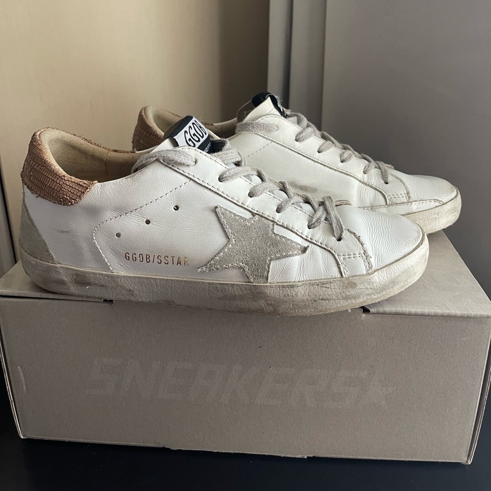Golden Goose White and Tan Sneakers